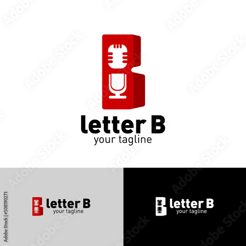 letter B streamer and podcast logo, with sound box and condenser mic
