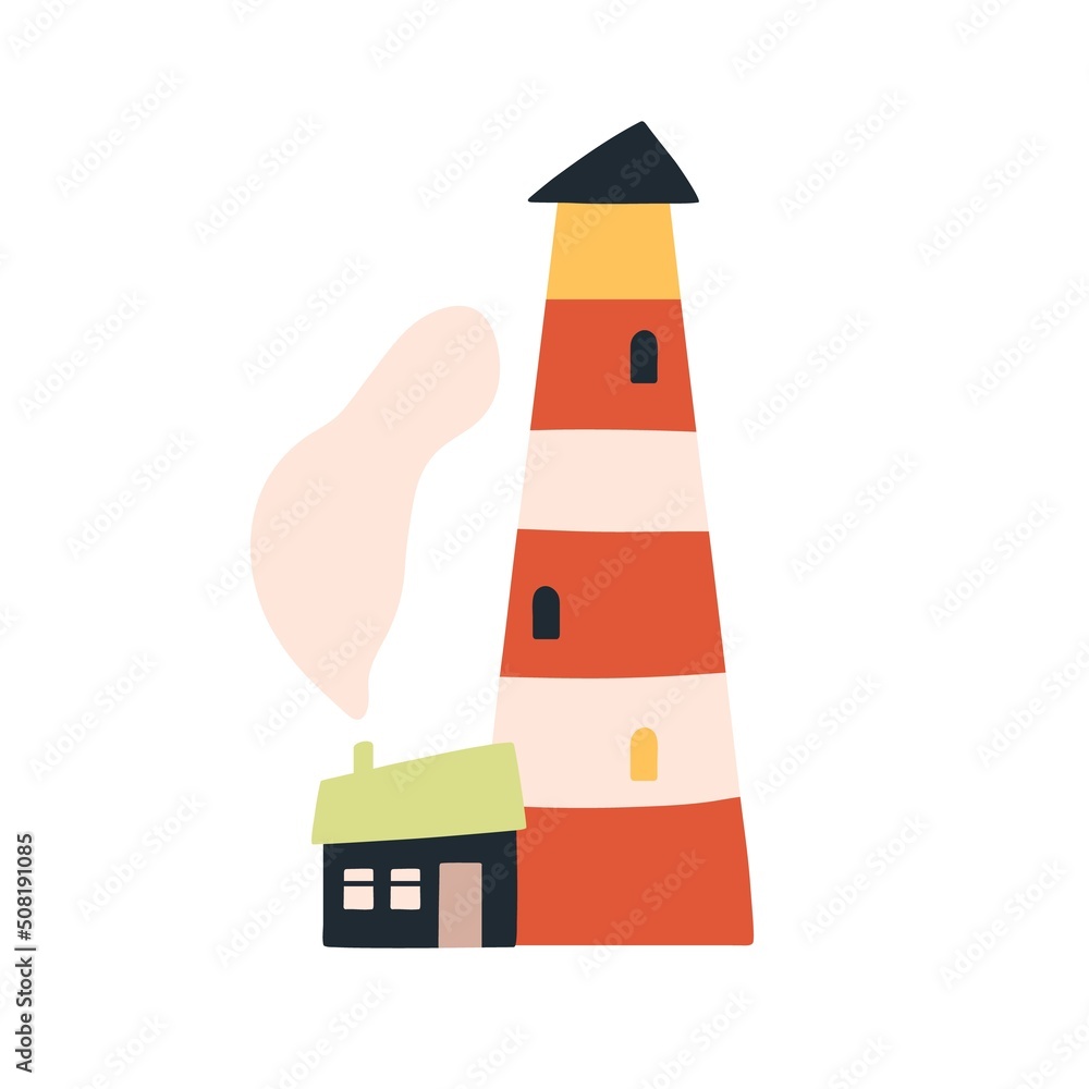 Lighthouse and home in Scandinavian style. Cute high seaside safety nautical tower. Maritime light house. Nordic beacon. Childish colored flat vector illustration isolated on white background Lighthouse and home in Scandinavian style. Cute high seaside safety nautical tower. Maritime light house. Nordic beacon. Childish colored flat vector illustration isolated on white background