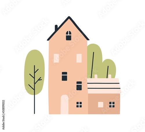 Scandinavian house facade, exterior and trees outside. Cute Nordic country home in nature. Countryside building in Scandinavia. Colored flat vector illustration isolated on white background