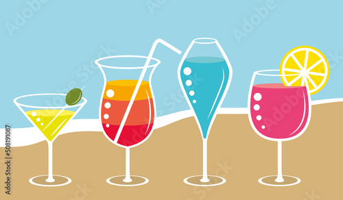 Colorul fresh cocktails on the beach. Vector illustration.