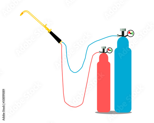 oxy acetylene welding (OAW). Oxy acetylene gas tank, cutting torch, manometer.  Gas welding Oxy acetylene welding using for manufacturing, cutting metal, joining metal. flat design vector illustration