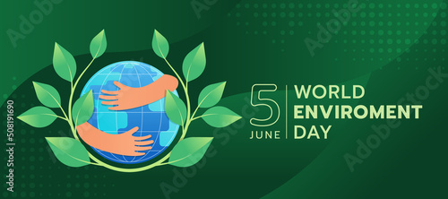 World environment day - hands hold hug circle globe with branch and leaves roll around on abstract green curve and dots texture background vector design