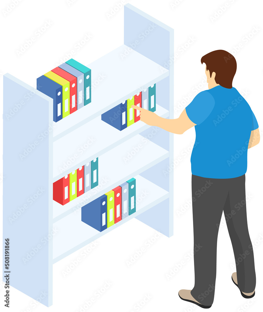 Student taking book at library vector icon bookcase. Male person study at school, college or university reading room. Man at bookstore standing near bookshelf with stacks of books isolated on white