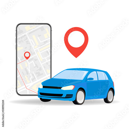 Concepts Online ordering a taxi car using the mobile application service. Smartphone screen on the background of the city with the location of the route and points on the map. Vector illustration.