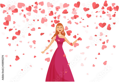 Romantic singer woman. Young woman in beautiful dress sings song with great inspiration isolated on white. Pretty girl vocalist performs melody stands under stream of falling hearts, Valentines Day