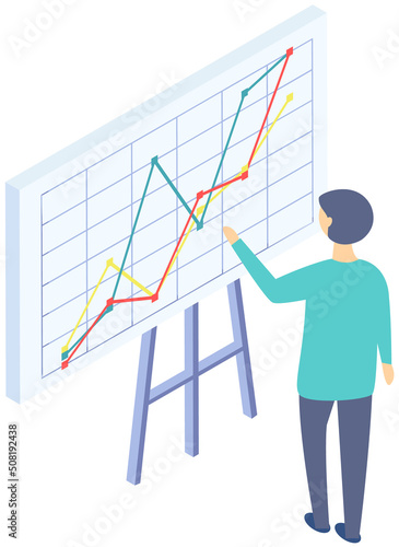 Analytics information and development statistics. Web analysis measure, product testing technology. Man analyses dashboard seo optimization, digital report. Statistical indicators and data on diagram