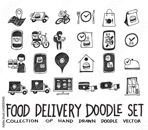 Food delivery Doodle vector icon set. Drawing sketch illustration hand drawn line eps10