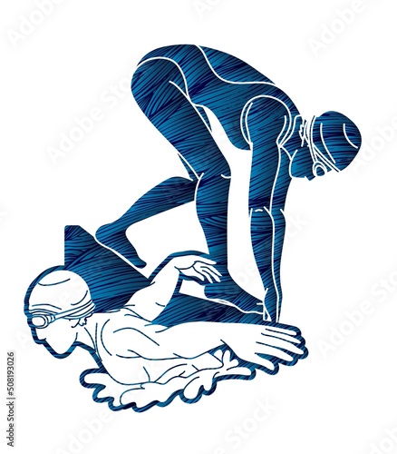 Group of People Swimming Together Swimmer Sport Action Cartoon Graphic Vector