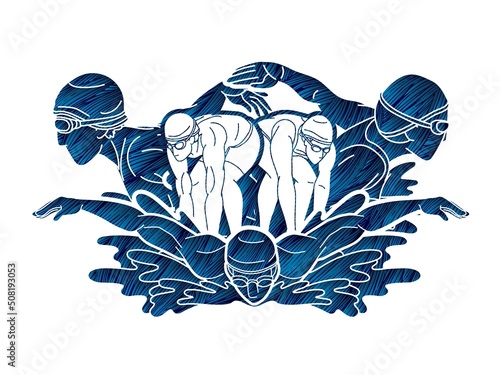 Group of People Swimming Together Swimmer Sport Action Cartoon Graphic Vector