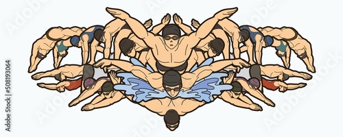Group of People Swimming Together Swimmer Sport Action Cartoon Graphic Vector