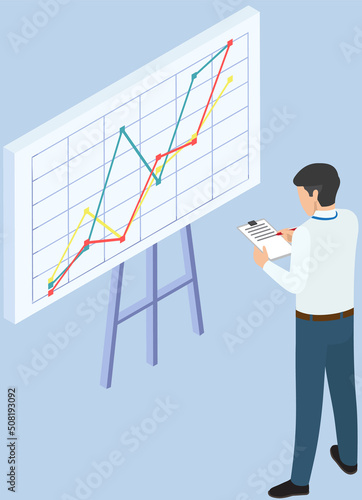 Analytics information and development statistics. Web analysis measure, product testing technology. Man analyses dashboard seo optimization, digital report. Statistical indicators and data on diagram