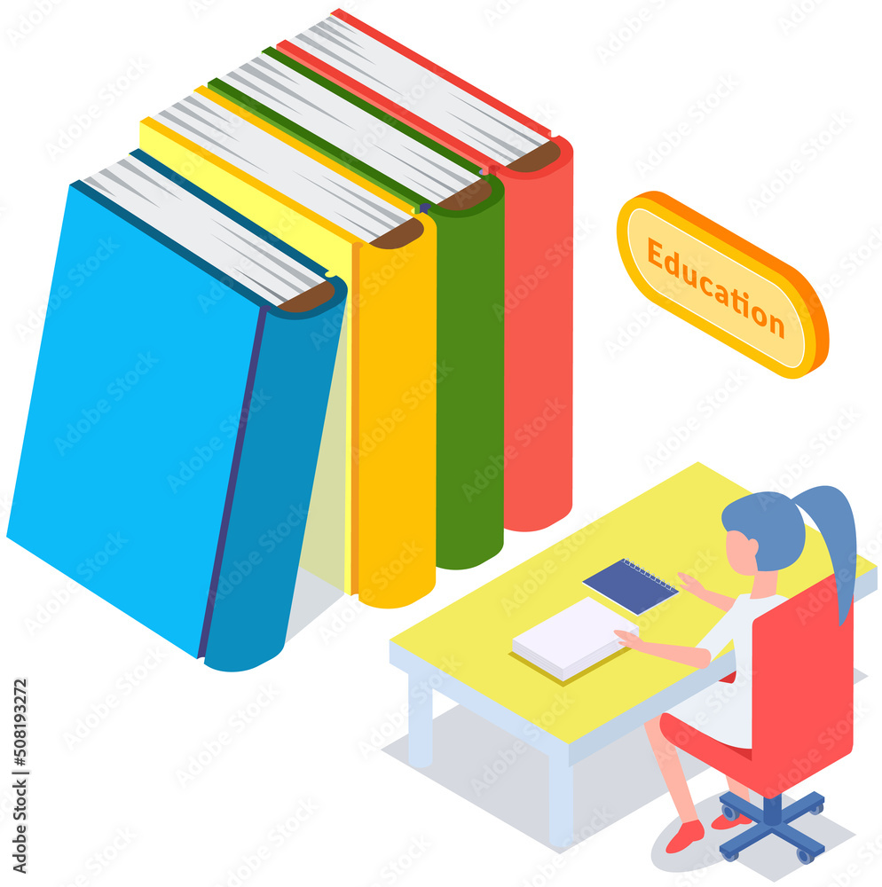 Self education, girl reading book, study and gain new knowledge. Student sitting in library. Concept illustration of online courses, distance studying, self education, digital library, e-learning Self education, girl reading book, study and gain new knowledge. Student sitting in library. Concept illustration of online courses, distance studying, self education, digital library, e-learning