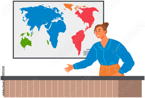 Teacher during geography lesson vector illustration. Woman talking about planet and world. Education, geography, studying concept. Girl teaches to work in navigation and orientation with map