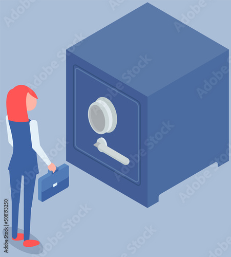 Businesswoman near bank vault. Banking service, keeping money, accumulation of funds. Safe investment and business wealth concept. Woman looks at bank safe with money and valuables vector illustration
