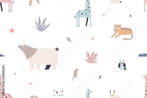 Cute Scandinavian animals pattern. Repeating childish print on seamless endless background. Kids texture design in Scandi nordic style. Colored flat vector illustration for textile, wallpaper