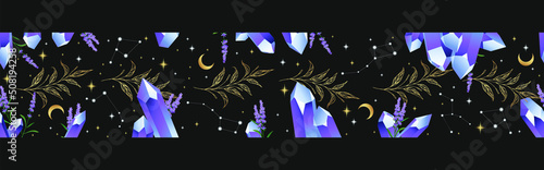 Magic seamless vector border with crystal, herbs, stars and moon. Violet decorative ornament. Graphic pattern for astrology, esoteric, tarot, mystic and magic. 