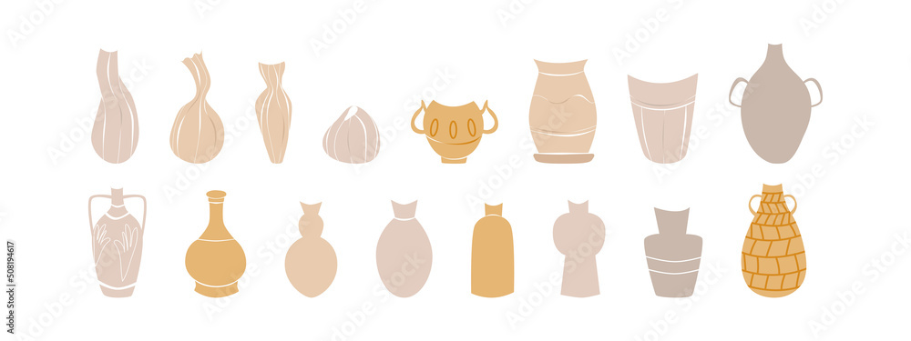 Modern set of hand drawn vase for decorative design. Vector illustration element.