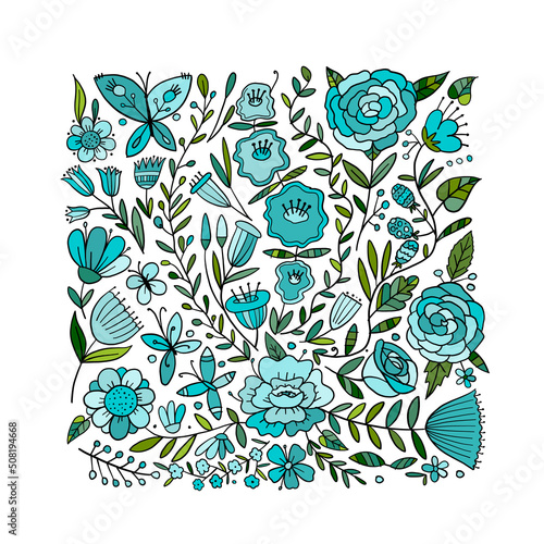 Floral Garden. Spring concept Background. Square shape frame for your design,...