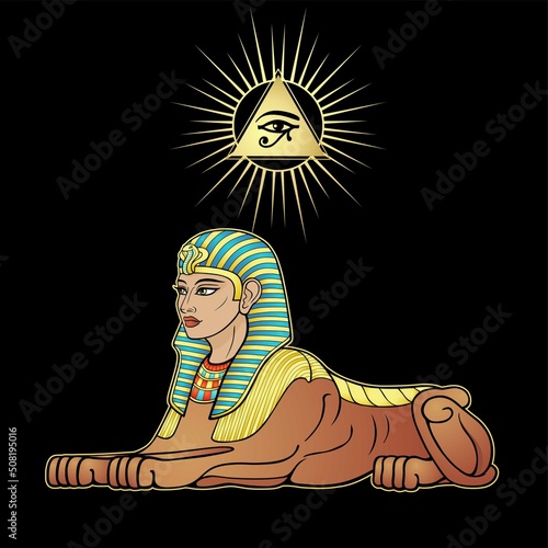 Animation color portrait: Egyptian sphinx body of a lion and the head of a woman. Symbol pyramid, eye of Horus. Vector illustration isolated on a black background. Print, poster, t-shirt, tattoo.