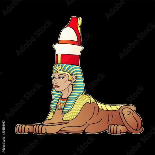 Animation color portrait: Egyptian sphinx body of a lion and the head of a woman. Vector illustration isolated on a black background. Print, poster, t-shirt, tattoo.