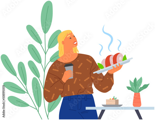 Woman orders food in restaurant. Girl holding dish, plate with meat steak in cafe. Lady eats and spends time in food establishment. Female customer with order in cafeteria vector illustration