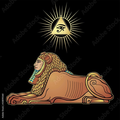 Animation color portrait: Egyptian sphinx body of a lion and the head of a man. Divine sun. Vector illustration isolated on a black background. Print, poster, t-shirt, tattoo.