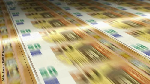 Euro money sheet printing. EUR banknotes loop print. Seamless and looped background concept of finance, economy crisis, inflation and business in Europe. photo