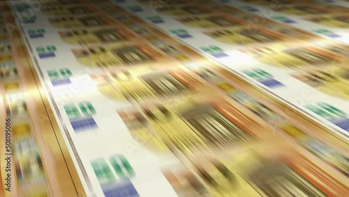 Euro money sheet printing. EUR banknotes loop print. Seamless and looped background concept of finance, economy crisis, inflation and business in Europe.