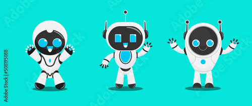 Cute robot vector on white background. Set of cartoon cyber characters in different postures, emotional, smiling, happy. Artificial intelligence character design for education, kids, decorative.