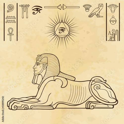 Animation color portrait: Egyptian sphinx body of a lion and the head of a man. Set of hieroglyphs. Vector illustration.  Background - old paper.