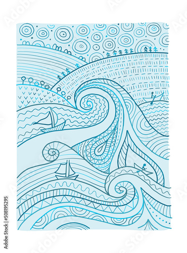 Marine Landscape Background. Art Picture ethnic ornament, water element for y...