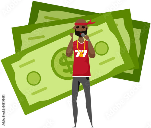 An african-american man with microphone making record of his voice in studio, black street musician sings song stands near big stack of dollar bills. Vocalist male singer performs rap for passerby