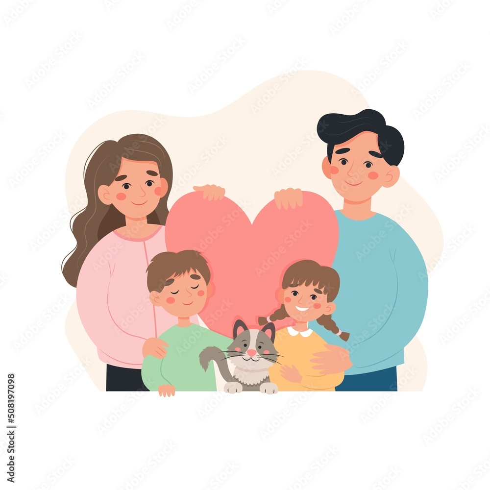 Happy family concept. Parents with kids and cat. Cute illustration in flat cartoon style Happy family concept. Parents with kids and cat. Cute illustration in flat cartoon style