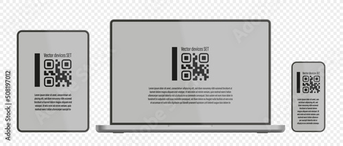 Laptop, Tablet, and smartphone - Qr code blank screen template. Link to application or website mockup