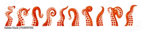 Octopus tentacles set isolated icons. Kraken monster or underwater ocean fish. Vector twisted long limbs with suckers of sea cuttlefish, cephalopods. Geometric flat cardboard design.