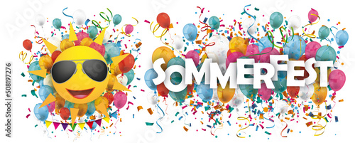 Sommerfest Banner mit Sonne und bunten Luftallons