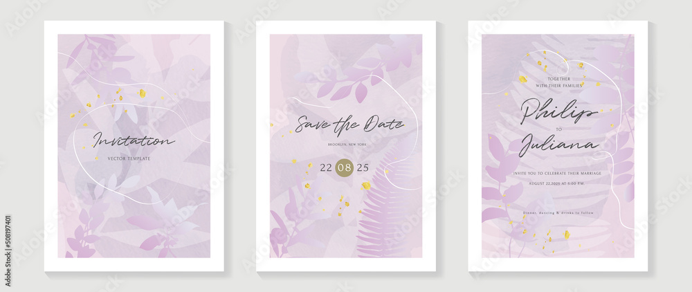 Luxury botanical wedding invitation card template. Purple watercolor card with fern, gold glitters, foliage, eucalyptus. Elegant leaf branch vector design suitable for banner, cover, invitation.