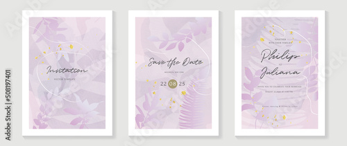 Luxury botanical wedding invitation card template. Purple watercolor card with fern  gold glitters  foliage  eucalyptus. Elegant leaf branch vector design suitable for banner  cover  invitation.