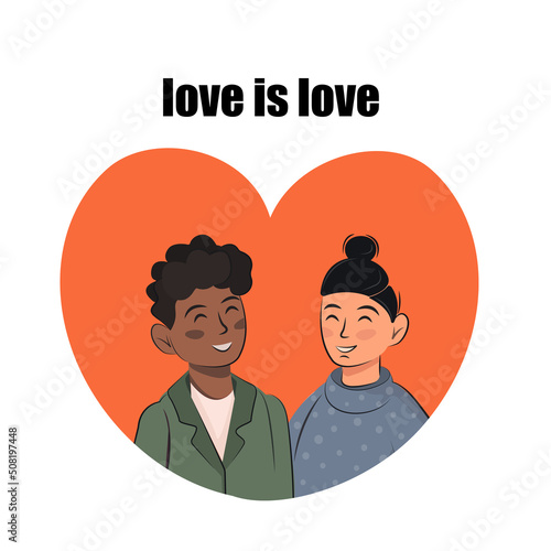 pride love is love unconventional family orientation lgbt gay lesbian couple people red heart face avatar asian slavic appearance arab dark fair skin color isolated on white