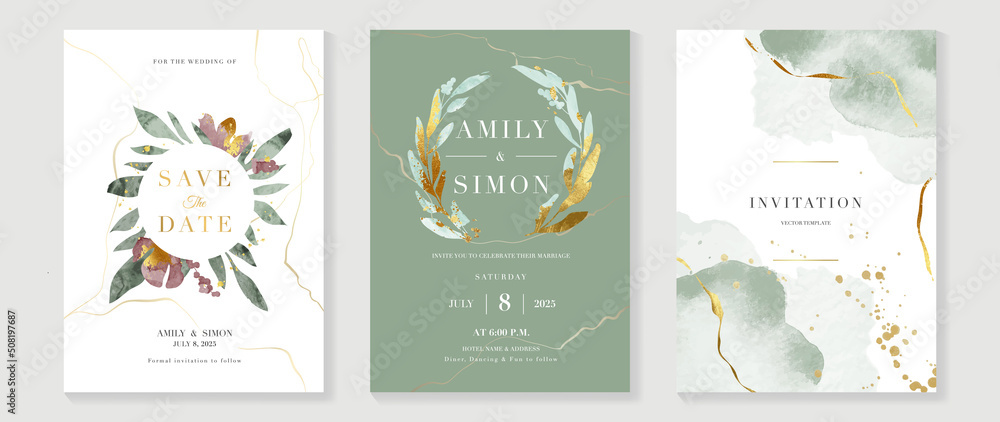 Luxury botanical wedding invitation card template. Green watercolor card with gold line art, eucalyptus, leaves, foliage. Elegant blossom vector design suitable for banner, cover, invitation.