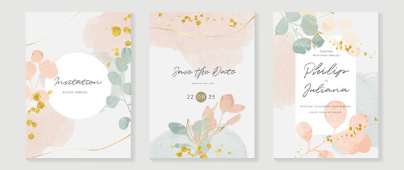 Luxury botanical wedding invitation card template. Watercolor card with gold line art, eucalyptus, leaves branches, foliage. Elegant blossom vector design suitable for banner, cover, invitation.