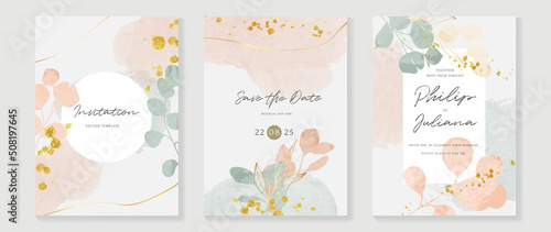 Luxury botanical wedding invitation card template. Watercolor card with gold line art, eucalyptus, leaves branches, foliage. Elegant blossom vector design suitable for banner, cover, invitation.