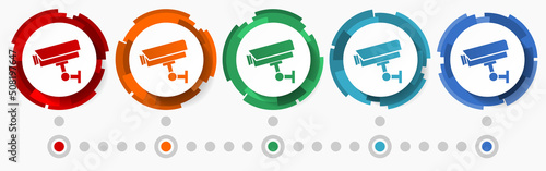 Cctv, security concept vector icon set, modern design abstract web buttons in 5 color options, infographic template for webdesign and mobile apps