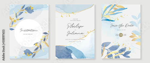 Luxury botanical wedding invitation card template. Blue watercolor card with gold line art, eucalyptus, leaves branches, foliage. Elegant blossom vector design suitable for banner, cover, invitation.
