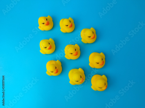 A group of toy ducks gathered on a blue background