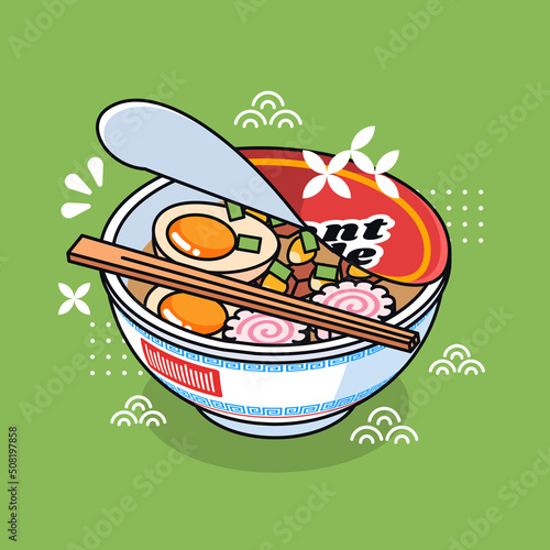 cute Japanese instant cup noodles with eggs in a big white bowl (ID: 508197858)