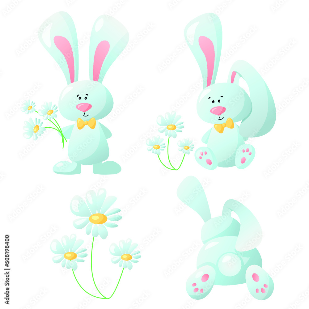 Vector set of cute rabbit and chamomile Vector set of cute rabbit and chamomile