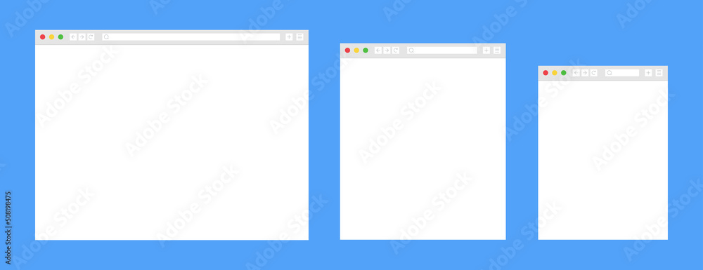 Web browsers layout on blue background. Template browser window on computer, tablet and smartphone. Vector illustration.. Web browsers layout on blue background. Template browser window on computer, tablet and smartphone. Vector illustration..