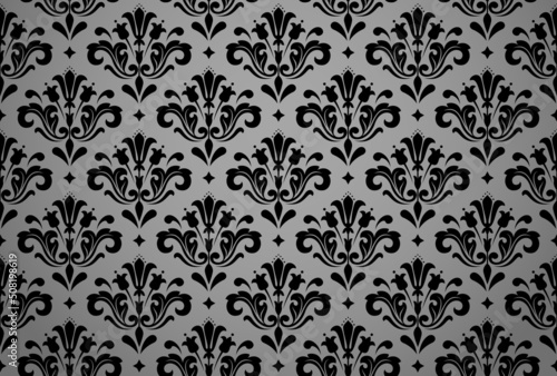 Wallpaper in the style of Baroque. Seamless vector background. Black and gray floral ornament. Graphic pattern for fabric, wallpaper, packaging. Ornate Damask flower ornament