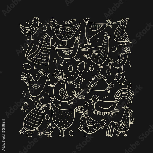 Funny farm birds family. Chicken and Rooster characters. Art collection for y...